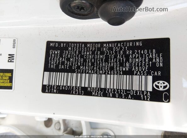 5YFEPMAE0MP246934 2021 TOYOTA COROLLA White Vista del compartimento del motor