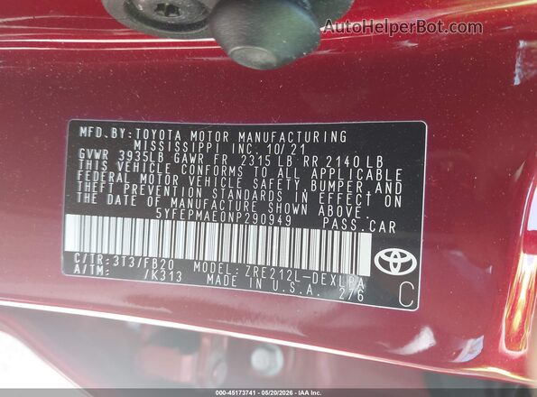 5YFEPMAE0NP290949 2022 TOYOTA COROLLA Red Engine compartment view