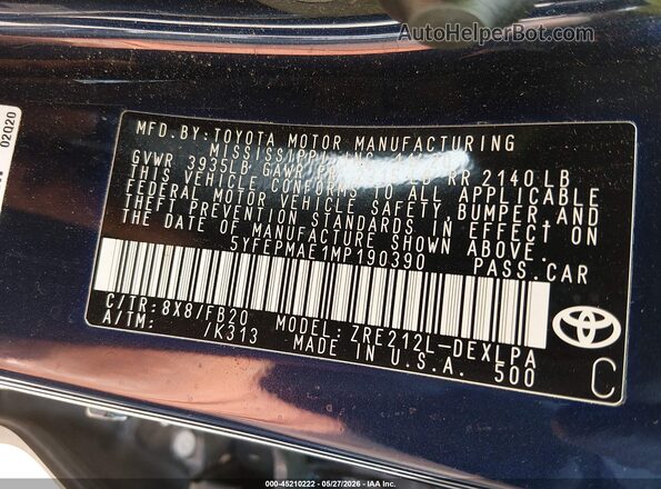 5YFEPMAE1MP190390 2021 TOYOTA COROLLA Blue ძრავის განყოფილების ხედი
