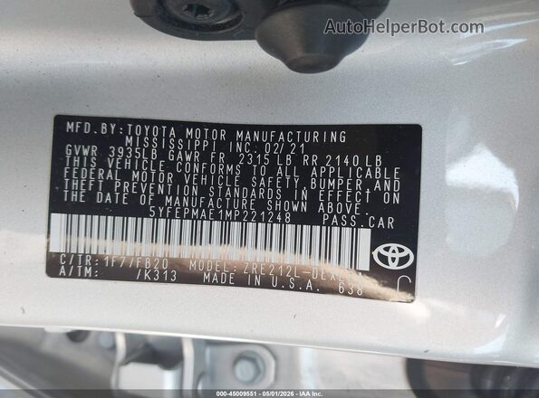 5YFEPMAE1MP221248 2021 TOYOTA LL Silver Widok komory silnika