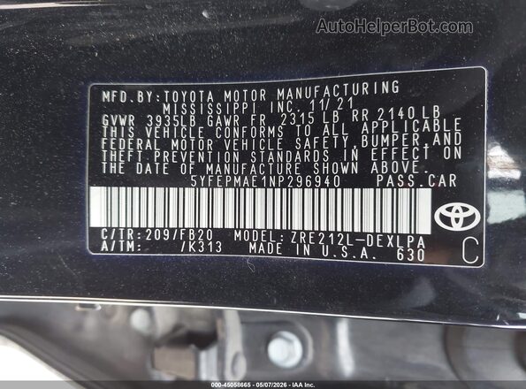 5YFEPMAE1NP296940 2022 TOYOTA LL Black Вид підкапотного простору