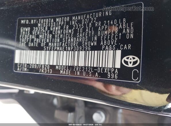 5YFEPMAE1NP309296 2022 TOYOTA COROLLA Black Widok komory silnika