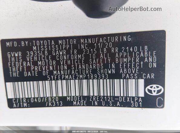 5YFEPMAE2MP189393 2021 TOYOTA COROLLA White Engine compartment view