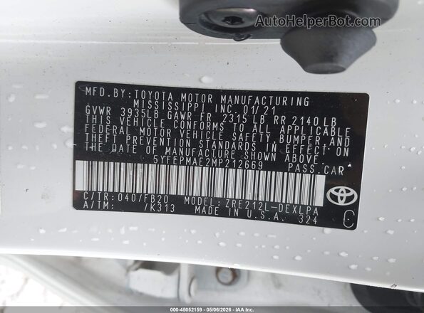 5YFEPMAE2MP212669 2021 TOYOTA LL White Widok komory silnika