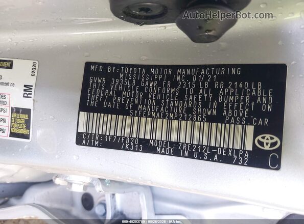 5YFEPMAE2MP212865 2021 TOYOTA COROLLA Silver ძრავის განყოფილების ხედი