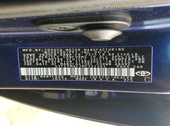 5YFEPMAE2MP242383 2021 TOYOTA COROLLA Синий 