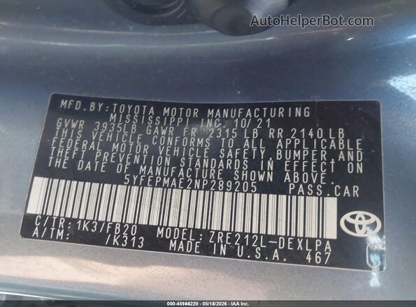 5YFEPMAE2NP289205 2022 TOYOTA COROLLA Gray Вид підкапотного простору