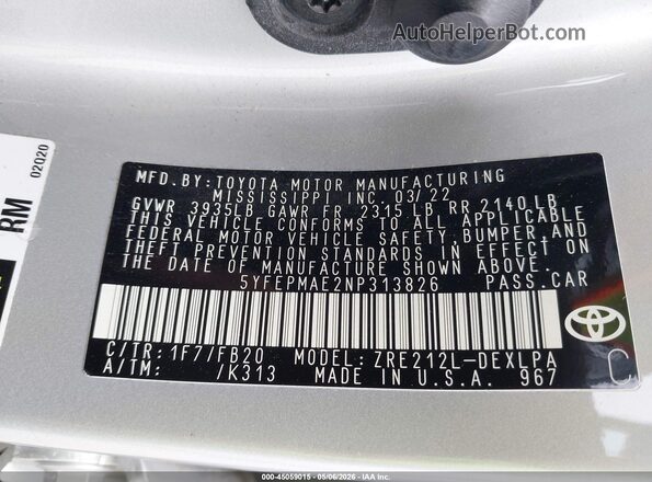 5YFEPMAE2NP313826 2022 TOYOTA LL Silver Engine compartment view