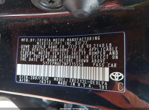 5YFEPMAE2NP315558 2022 TOYOTA COROLLA Черный Вид подкапотного пространства