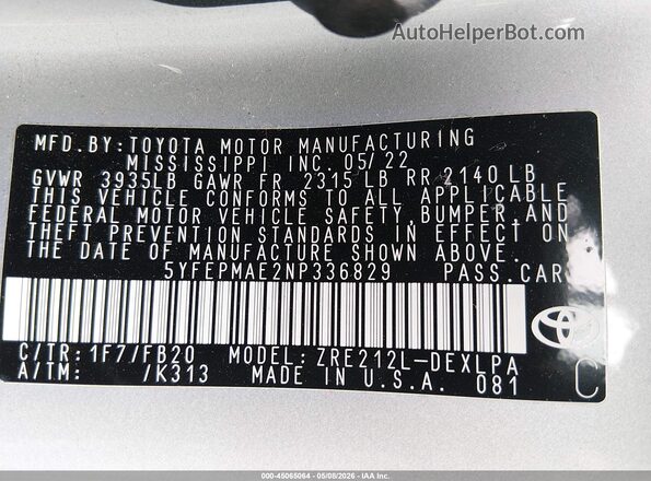 5YFEPMAE2NP336829 2022 TOYOTA LL Silver Widok komory silnika