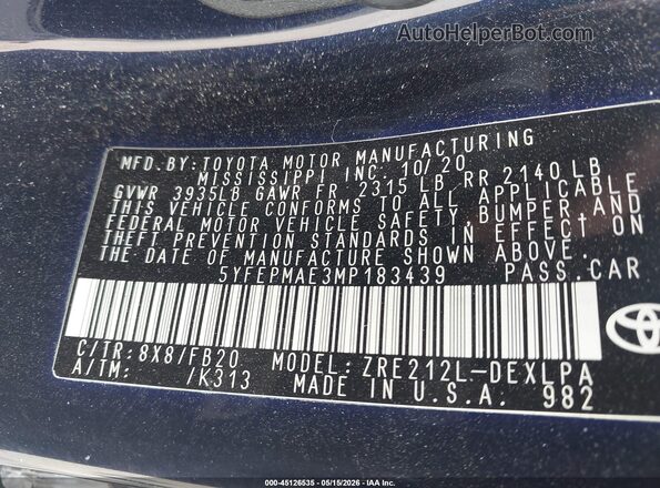 5YFEPMAE3MP183439 2021 TOYOTA COROLLA Blue Widok komory silnika
