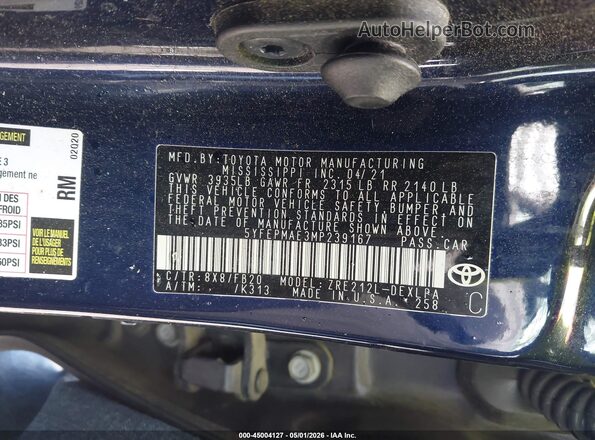 5YFEPMAE3MP239167 2021 TOYOTA LL Blue Engine compartment view