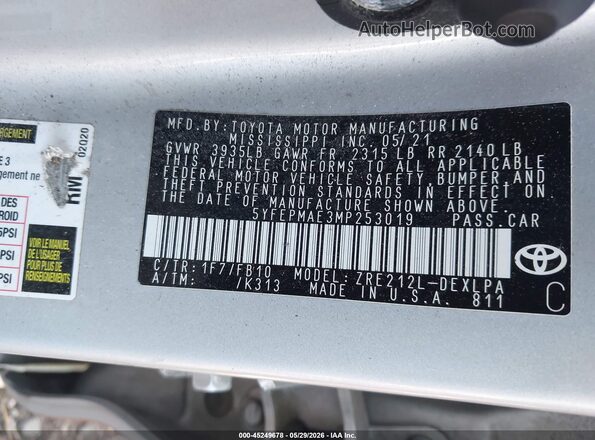 5YFEPMAE3MP253019 2021 TOYOTA COROLLA Gray 