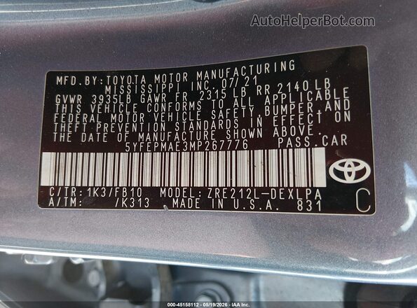 5YFEPMAE3MP267776 2021 TOYOTA COROLLA Blue Вид підкапотного простору