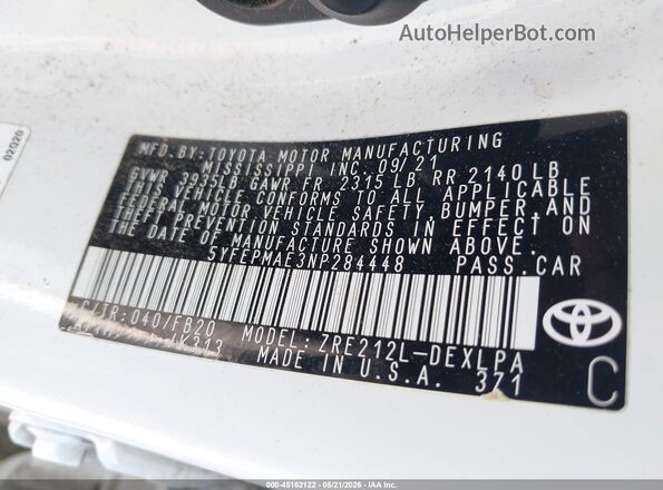 5YFEPMAE3NP284448 2022 TOYOTA COROLLA White 