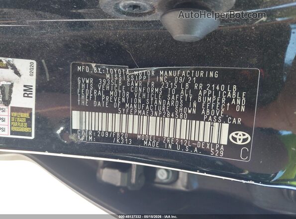 5YFEPMAE3NP284580 2022 TOYOTA COROLLA Black 