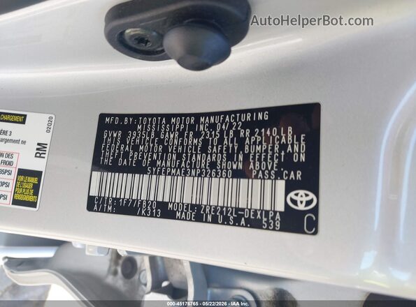 5YFEPMAE3NP326360 2022 TOYOTA COROLLA Серебряный Вид подкапотного пространства