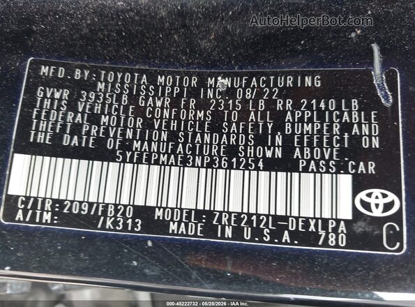 5YFEPMAE3NP361254 2022 TOYOTA COROLLA Черный Вид подкапотного пространства
