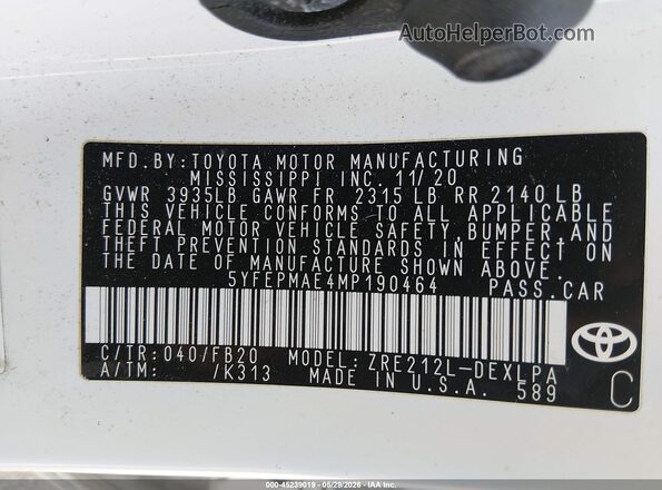 5YFEPMAE4MP190464 2021 TOYOTA COROLLA White Widok komory silnika