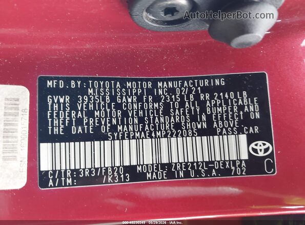 5YFEPMAE4MP222085 2021 TOYOTA COROLLA Red Vista del compartimento del motor