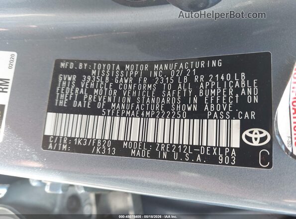 5YFEPMAE4MP222250 2021 TOYOTA COROLLA Blue Вид підкапотного простору
