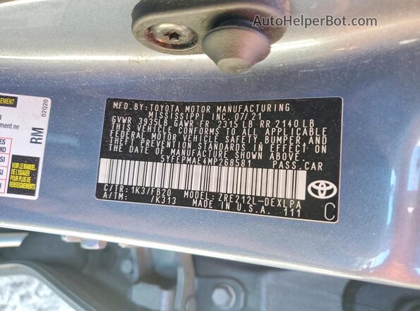 5YFEPMAE4MP268581 2021 TOYOTA COROLLA Blue Շարժիչի բաժամունքի տեսք