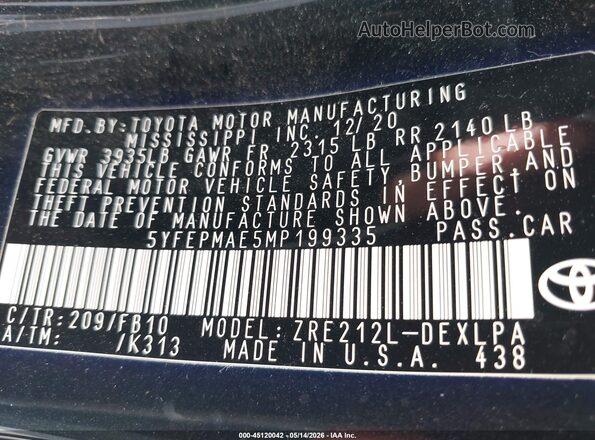 5YFEPMAE5MP199335 2021 TOYOTA COROLLA Black Engine compartment view