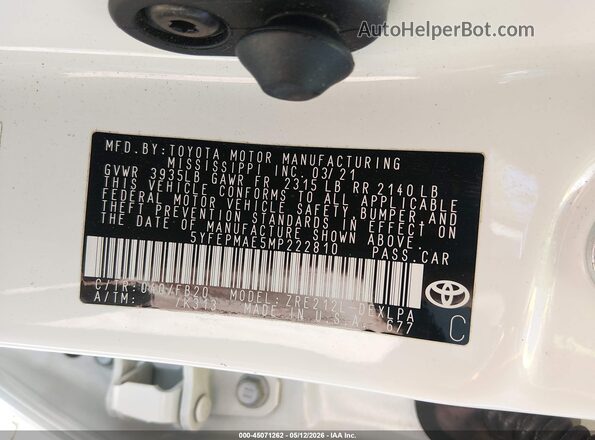 5YFEPMAE5MP222810 2021 TOYOTA LL White Շարժիչի բաժամունքի տեսք