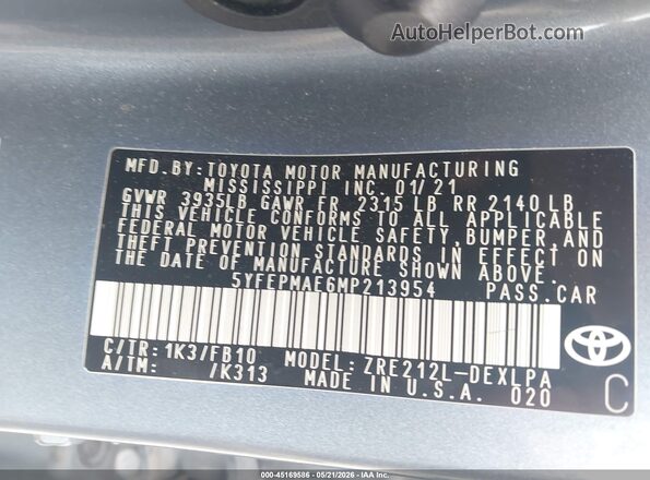 5YFEPMAE6MP213954 2021 TOYOTA COROLLA Синий 