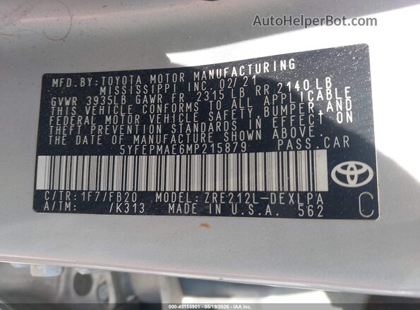 5YFEPMAE6MP215879 2021 TOYOTA COROLLA Silver Вид підкапотного простору