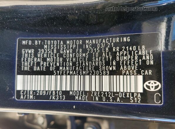5YFEPMAE6MP230589 2021 TOYOTA COROLLA Black Vista del compartimento del motor
