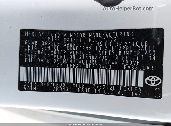 5YFEPMAE6NP303400 2022 TOYOTA COROLLA Белый Вид подкапотного пространства