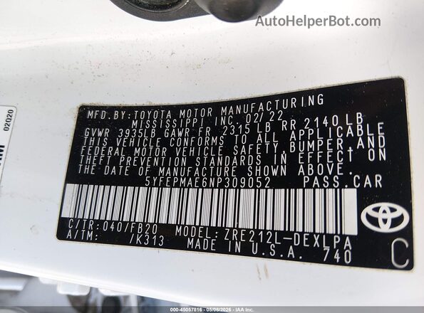 5YFEPMAE6NP309052 2022 TOYOTA LL White Vista del compartimento del motor