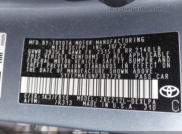 5YFEPMAE6NP382728 2022 TOYOTA LL Blue Շարժիչի բաժամունքի տեսք