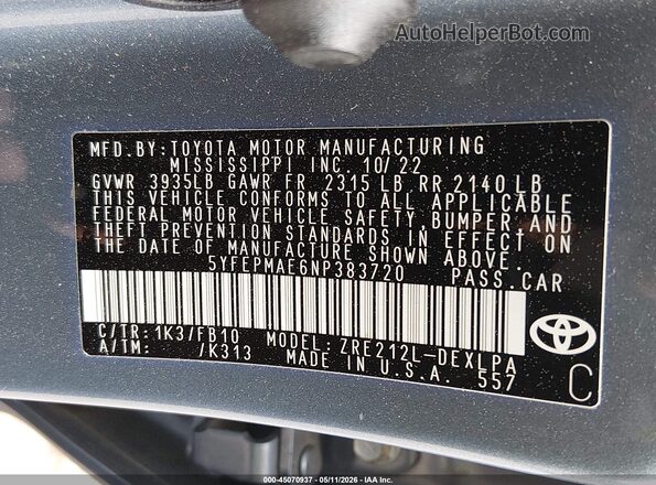 5YFEPMAE6NP383720 2022 TOYOTA LL Light Blue Vista del compartimento del motor