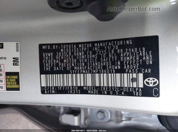 5YFEPMAE7MP186019 2021 TOYOTA LL Silver Շարժիչի բաժամունքի տեսք
