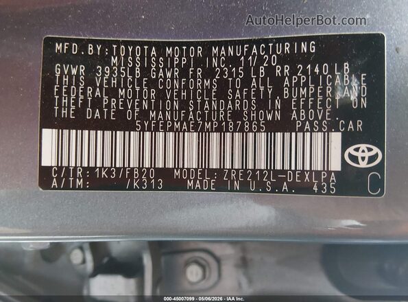 5YFEPMAE7MP187865 2021 TOYOTA LL Blue Vista del compartimento del motor