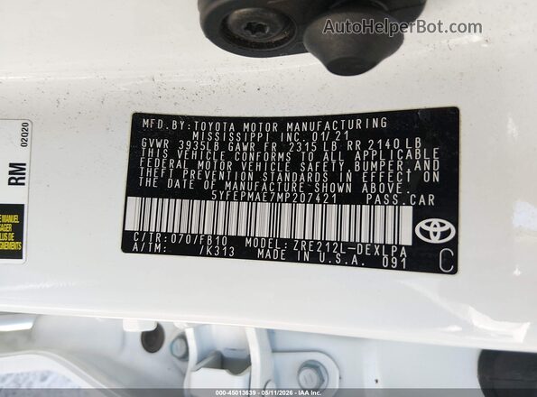 5YFEPMAE7MP207421 2021 TOYOTA LL White Вид підкапотного простору