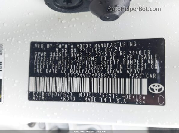 5YFEPMAE7MP259213 2021 TOYOTA COROLLA Белый Вид подкапотного пространства