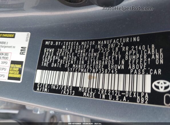 5YFEPMAE7NP358745 2022 TOYOTA COROLLA Blue Widok komory silnika