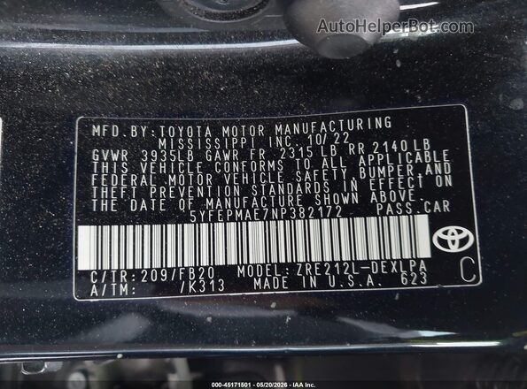 5YFEPMAE7NP382172 2022 TOYOTA COROLLA Black Vista del compartimento del motor