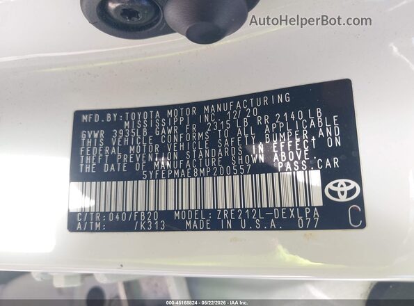 5YFEPMAE8MP200557 2021 TOYOTA COROLLA White Vista del compartimento del motor