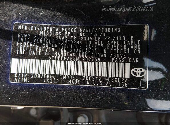 5YFEPMAE8MP202759 2021 TOYOTA COROLLA Black Շարժիչի բաժամունքի տեսք