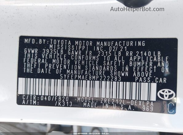 5YFEPMAE8MP222283 2021 TOYOTA COROLLA White Շարժիչի բաժամունքի տեսք