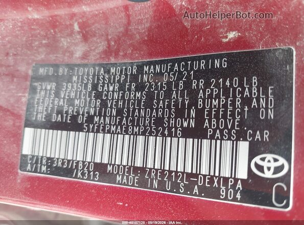 5YFEPMAE8MP252416 2021 TOYOTA COROLLA Красный 