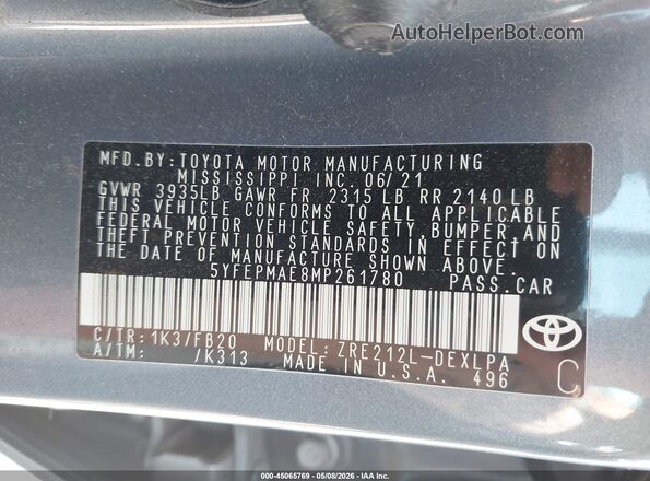 5YFEPMAE8MP261780 2021 TOYOTA LL Blue Շարժիչի բաժամունքի տեսք