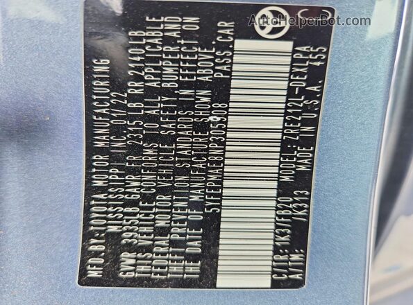 5YFEPMAE8NP305908 2022 TOYOTA COROLLA Gray 