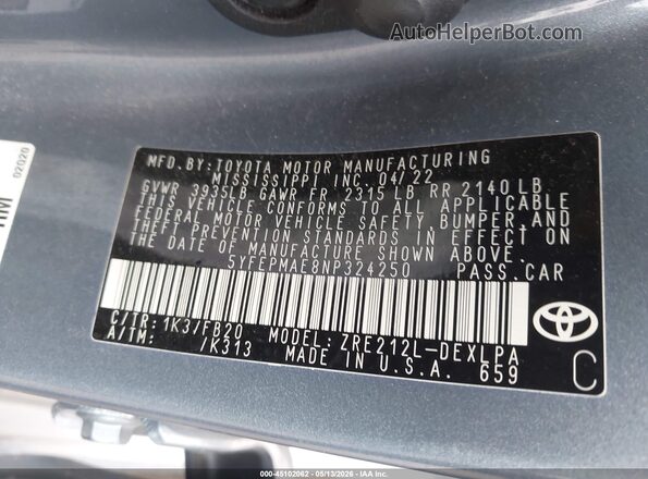 5YFEPMAE8NP324250 2022 TOYOTA LL Light Blue 