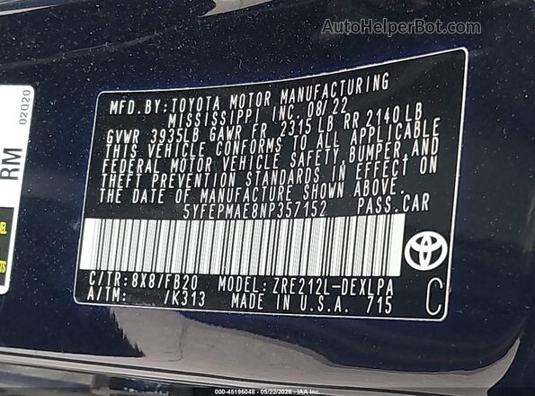 5YFEPMAE8NP357152 2022 TOYOTA COROLLA Blue Engine compartment view