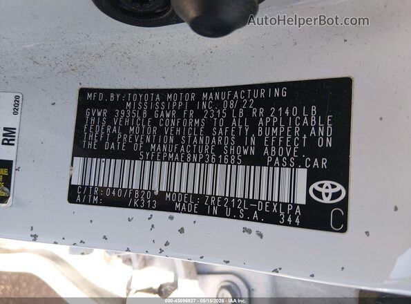 5YFEPMAE8NP361685 2022 TOYOTA COROLLA White ძრავის განყოფილების ხედი